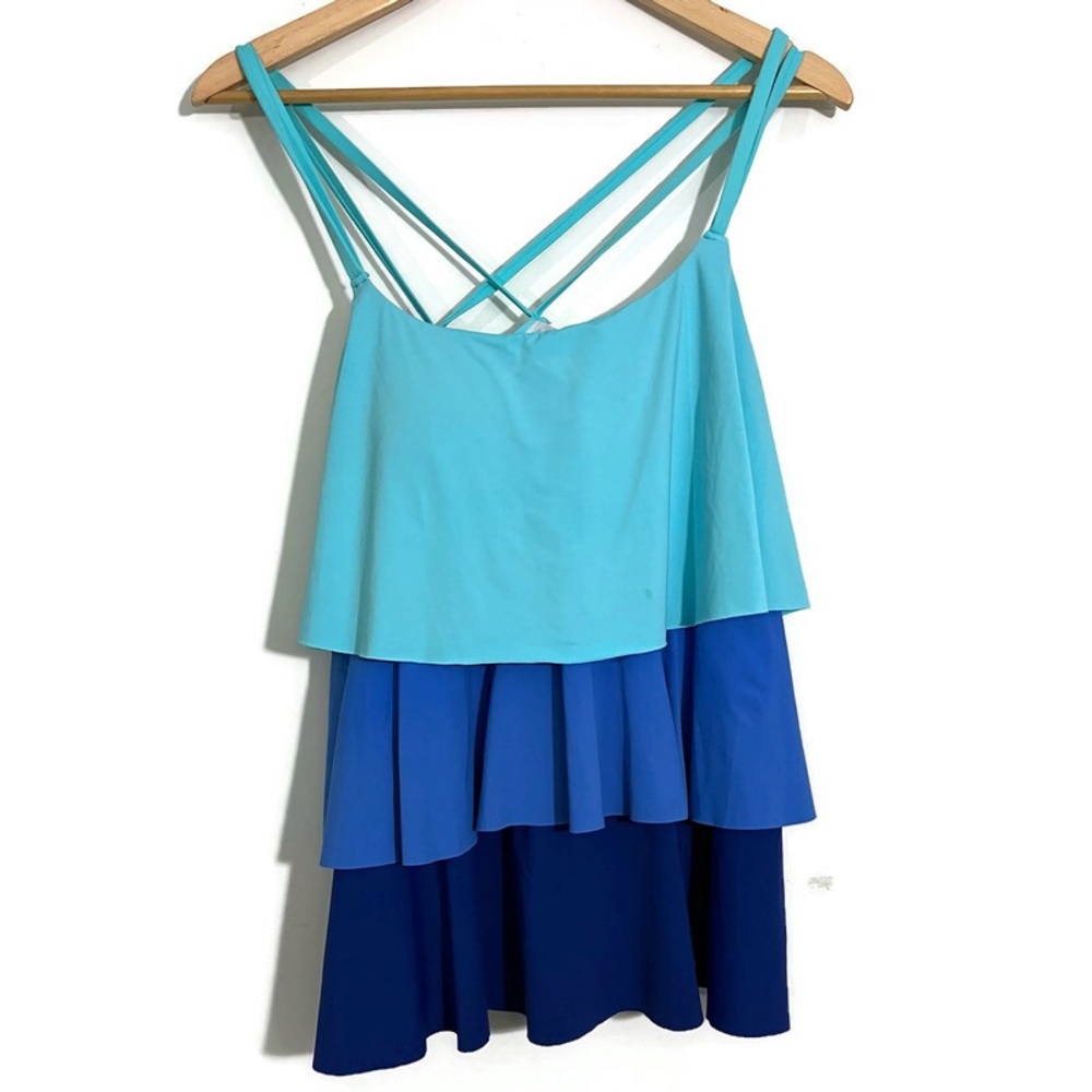 Lands’ End Blue Color Block Tiered Ruffle Tankini Size 18 - Picture 3 of 11